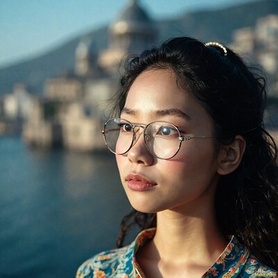A woman in round glasses by the water, a domed old town rising out of focus behind her