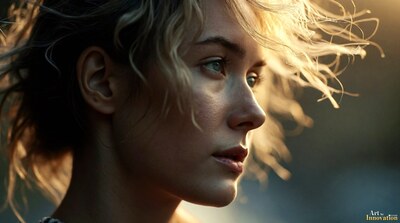 A woman in profile with windswept blond hair lit by warm backlight
