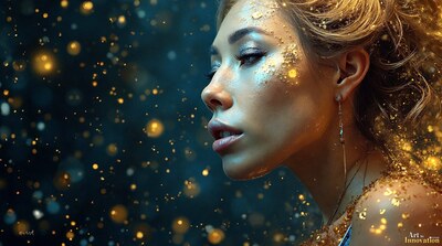 A woman in profile with gold glitter on her face against a dark blue field of sparkles