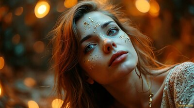 A woman with gold flecks on her face tilting her head back in warm amber bokeh