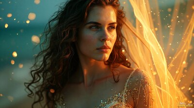 A woman with long curly hair beside a veil of golden light and floating sparks