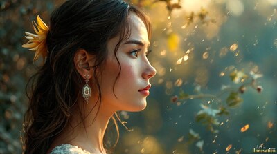 A dark-haired woman in profile with a yellow flower in her hair, surrounded by soft green and gold bokeh