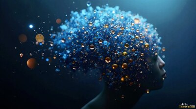 A woman's profile dissolving into a cloud of glittering blue crystals against a dark background