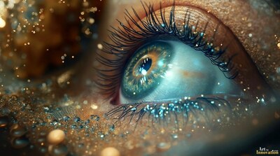 A close-up of a woman's blue-green eye with glitter on the lashes and lid