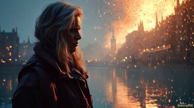 A woman with long hair in silhouette by the water as a city glows orange at dusk