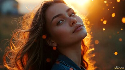A woman with auburn hair lifting her face into warm sunlight and golden bokeh