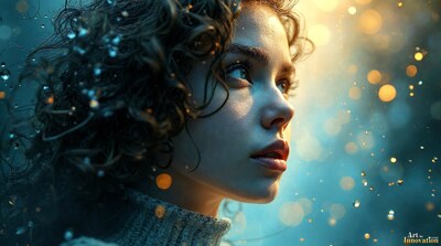 A woman with dark curly hair in profile against glittering blue and gold light