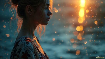 A woman in a floral top standing by the water, sunset light reflecting in soft bokeh