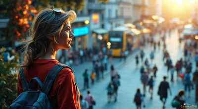 A woman with a backpack looking over a crowded city square at golden hour
