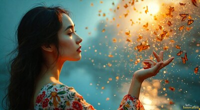 A woman in a floral blouse reaching toward drifting orange flakes in warm light
