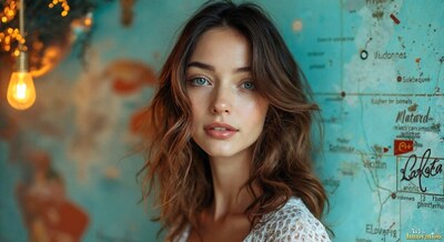 A woman with shoulder-length brown hair in front of a turquoise map lit by a bare bulb