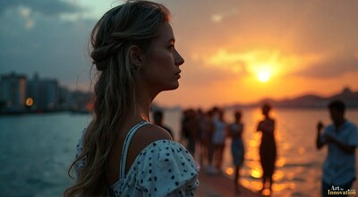A woman in a patterned top on a waterfront as the sun sets over the sea