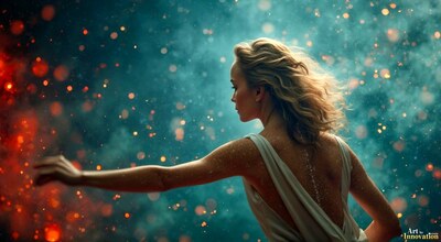 A woman reaching toward a swirl of red and gold sparks against a teal background