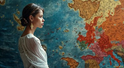 A woman in a white blouse in profile in front of a colorful world map