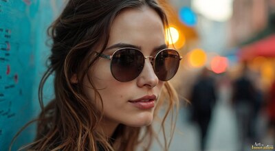 A woman in round sunglasses on a busy street of colorful signs