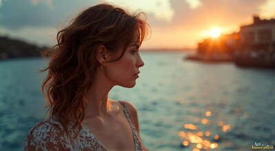 A woman with wavy hair by the water as the sun sets behind a harbor town