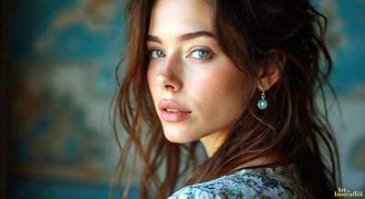A woman with long brown hair and turquoise earrings in soft teal light