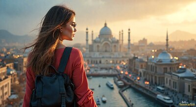 A woman with a backpack above a harbor of domes and minarets at golden hour