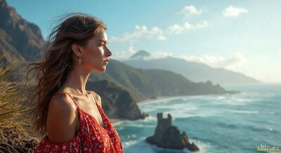 A woman in a red floral dress on a cliff above the sea and a rocky islet