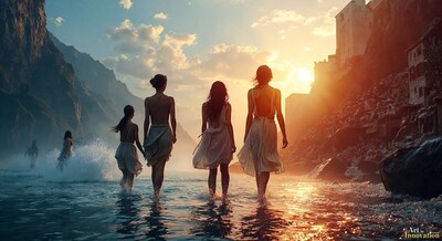 Four women wading through the surf between cliffs at sunset