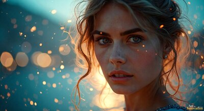A woman with loose wavy hair against glittering blue and gold bokeh