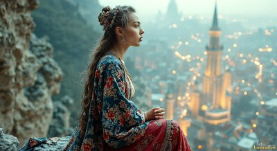 A woman in a patterned robe sitting above a misty city of lights and spires