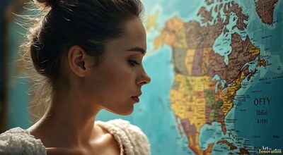 A woman with her hair pinned up in profile in front of a map of North America