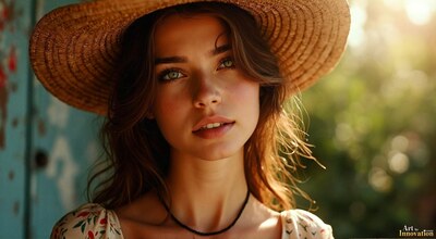 A woman in a wide straw hat in soft green light