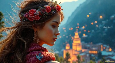 A woman with roses in her hair above a hillside town lit at dusk