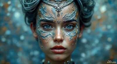 A woman with silver ornamental paint across her face against sparkling blue light