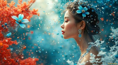 A woman with a blue flower in her hair in profile beside red coral and bubbles