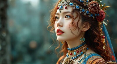 A woman with auburn hair in a jeweled headdress and beaded necklaces