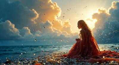 A woman in a flowing red gown sitting on a pebble beach under a stormy golden sky