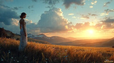 A woman in a white dress standing in tall golden grass as the sun sets over the hills