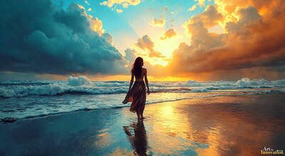 A woman walking along the wet sand at the edge of the surf toward the setting sun