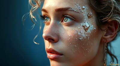 A woman with silver flecks on her cheek in profile against deep blue