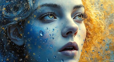 A woman's face painted blue with water droplets, golden hair glowing behind her
