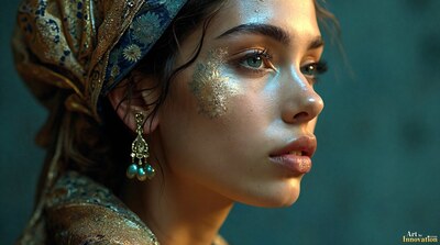 A woman in an embroidered head scarf with gold shimmer on her cheek
