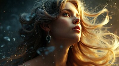 A woman with windswept blond hair lifting her face into warm light