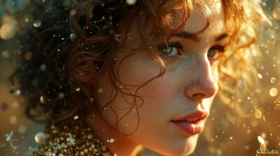 A woman with curly auburn hair and golden sparkles on her skin