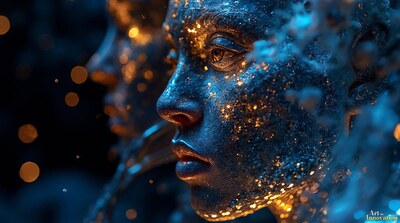 A woman's face painted deep blue and scattered with gold glitter