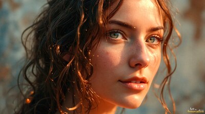 A close portrait of a woman with dark curly hair in warm backlight