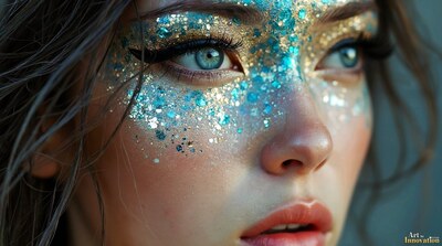 A close-up of a woman with blue and silver glitter around her eyes