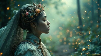 A woman in a veil and floral crown in profile in a misty green forest