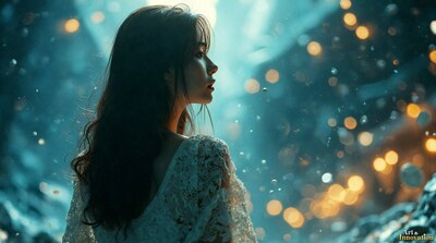 A woman with long dark hair in a lace top against turquoise light and bokeh