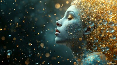 A woman with silver skin in profile, her hair a cascade of gold glitter
