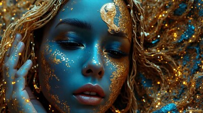 A woman with blue-painted skin and gold glitter, her hand raised to her face