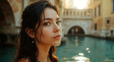 A woman with dark curls beside a Venetian canal and an arched bridge