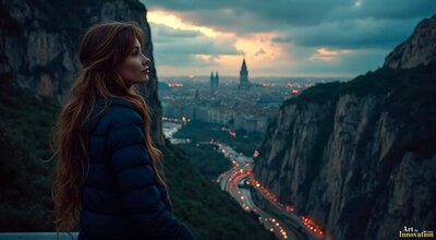 A woman in a dark jacket on a cliff above a valley city at dusk, car lights streaking below