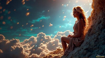 A woman in a dress sitting on a cliff above a sea of clouds lit by drifting sparks